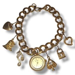 Vintage Aloha Watch Charm Bracelet Gold Tone Heart Lock Music 8"